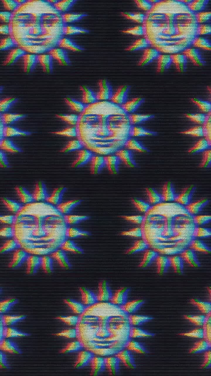 Retro video style pattern of smiling suns with a VHS effect