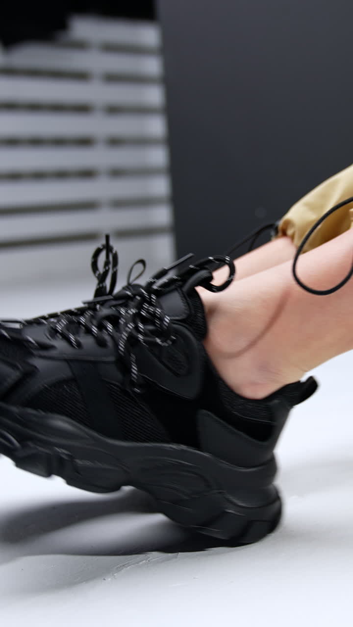 Black trendy massive sneakers on female feet. Woman wearing beige broad pants sits on the floor demonstrating her sport shoes. Vertical video