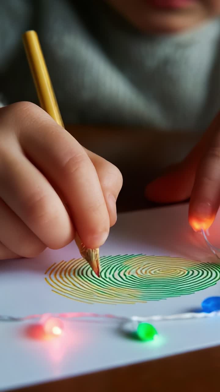 Creative Exploration: A Child Engages in Artistic Expression While Drawing Colorful Spirals with a Pencil, Surrounded by Twinkling Lights That Add a Magical Atmosphere to the Scene