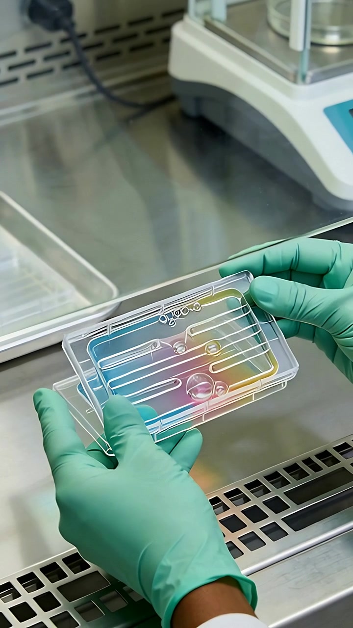 Vertical video: Holding teal gloves opening clear cartridge at lab bench, checking rainbow channels