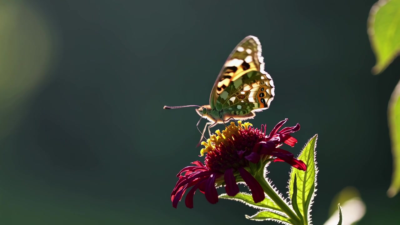 Farfalla Vanessa del Cardo posata su un fiore di zinnia rossa