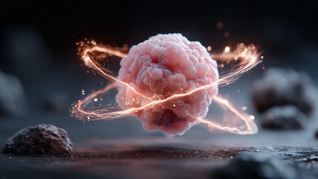 An awe-inspiring display of a stylized cosmic element, radiating energy through swirling electric currents in a visually stunning representation of atomic dynamics