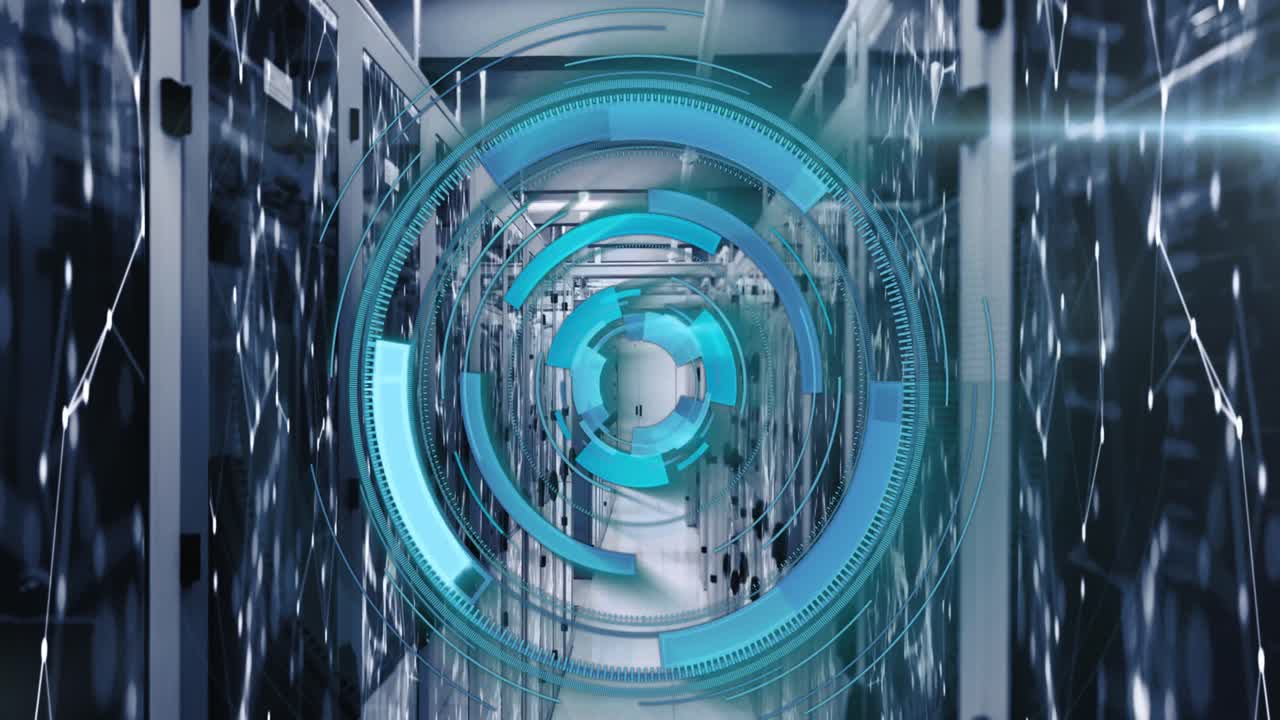 animazione di cerchi di carico su punti collegati su rack di server di dati nella sala server