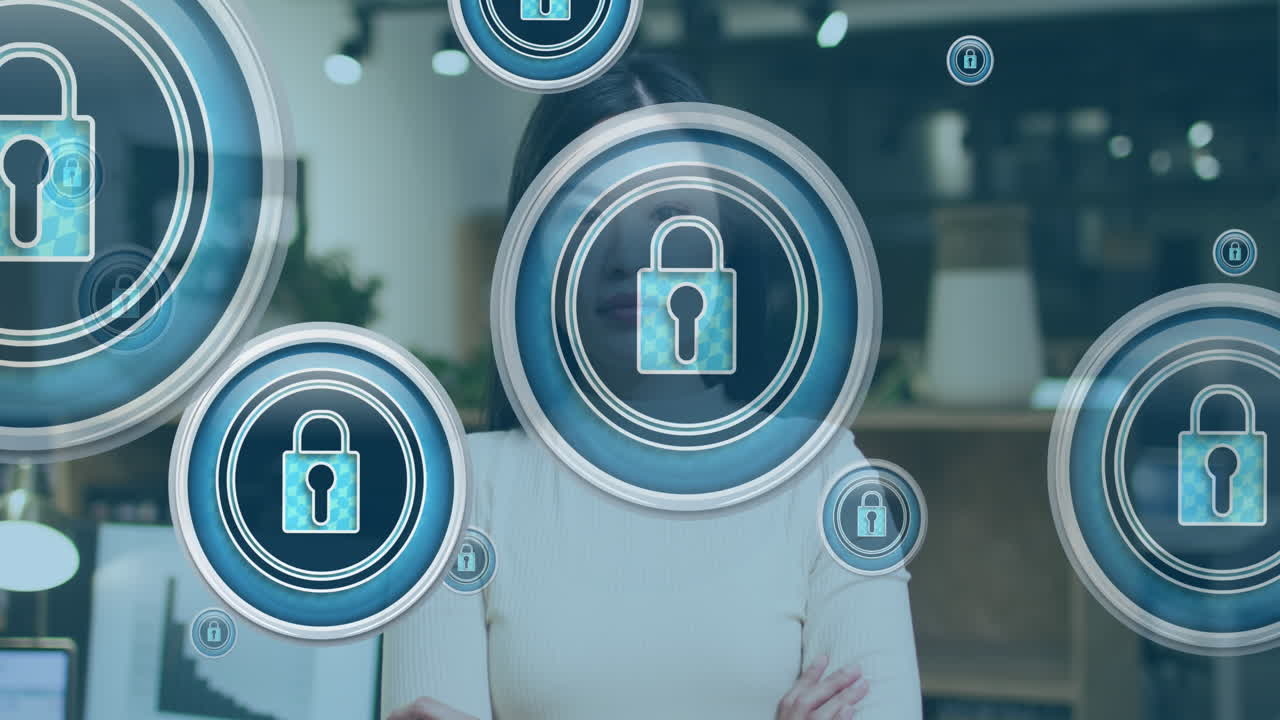 animación de iconos de candados y procesamiento de datos sobre una mujer de negocios biracial