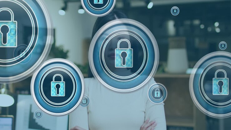 Animation of padlock icons and data processing over biracial businesswoman
