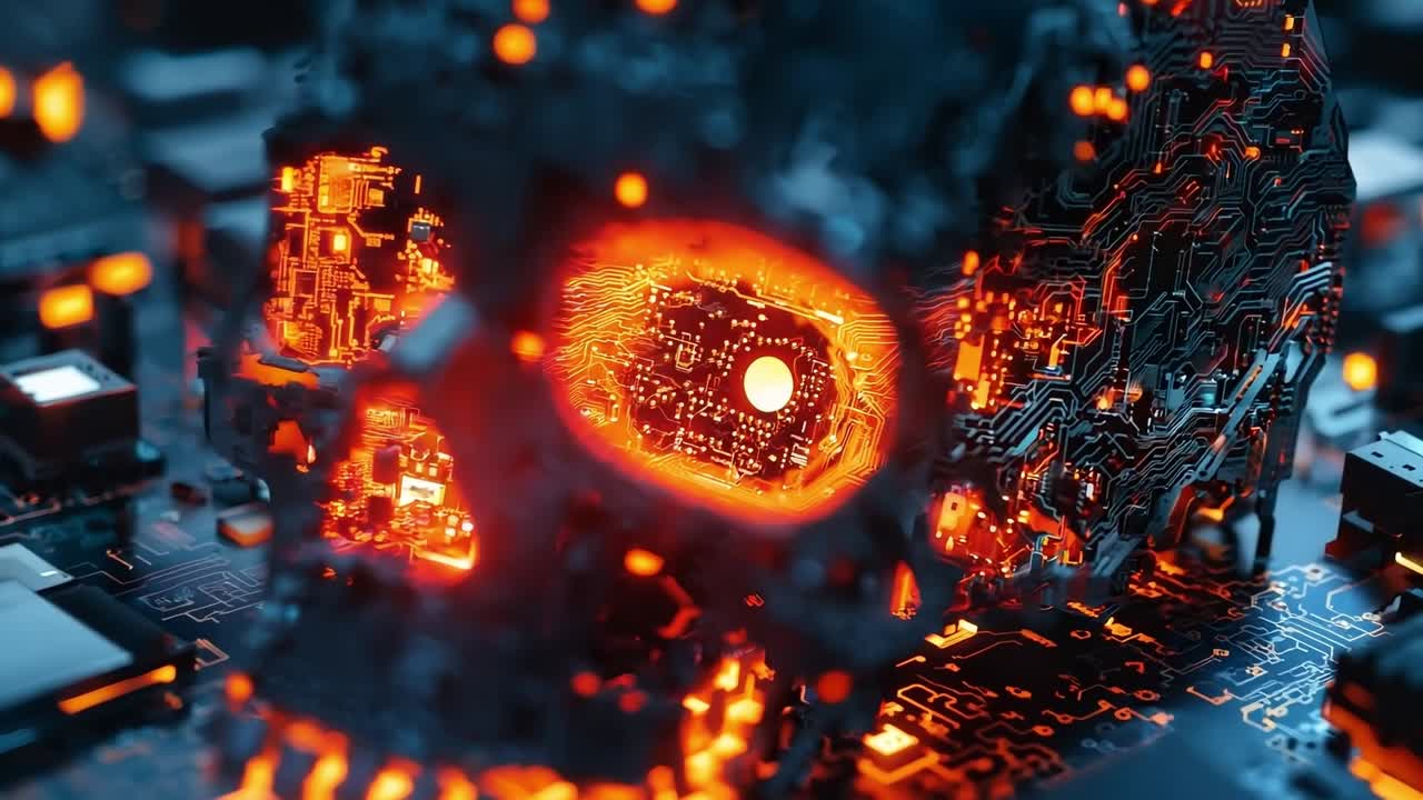 un cráneo con ojos brillantes sentado en la parte superior de una placa de circuitos