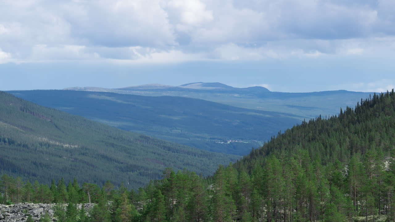 Timelapse of sunlight dancing over green spruce forest in Jotunheimen, Norway