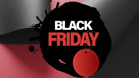 Animation-Von-Black-Friday-Text-Mit-Rotem-Tag-über-Aufgerolltem-Schwarzem-Papier-Auf-Rotem-Hintergrund