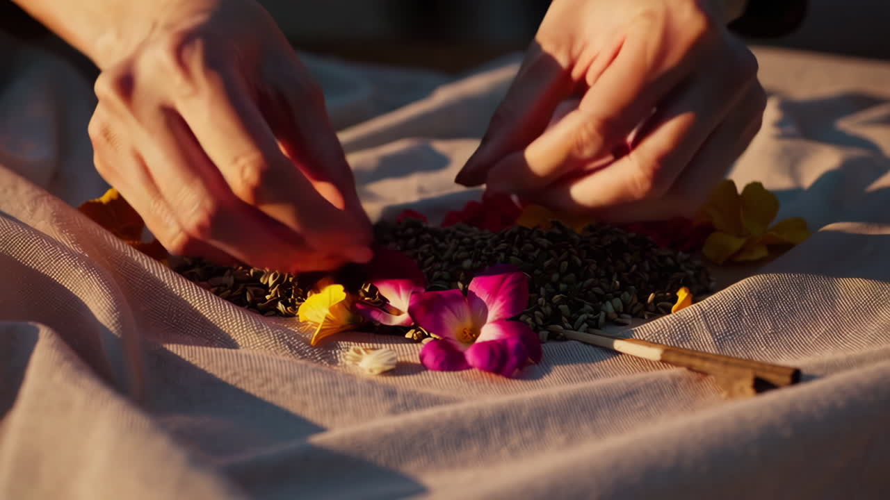 Hands Arranging Flowers and Seeds on a Fabric
