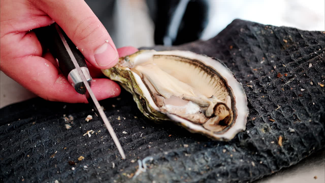 Close up of a waiter opening up a raw oyster at a restaurant