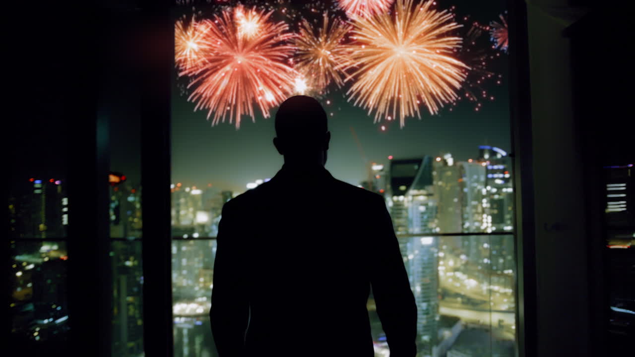 Uomo d'affari che osserva i fuochi d'artificio sulla città di notte