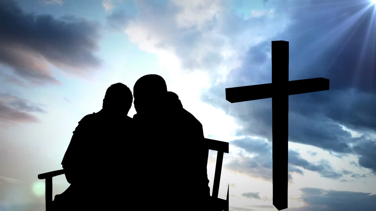 구름 과 십자가 위 에 있는 부부 의 실루 ⁇  의 애니메이션