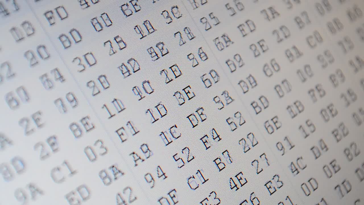 Digital coding. The movement of a code on the screen. Hexadecimal program code on screen. Animated background of moving binary code numbers