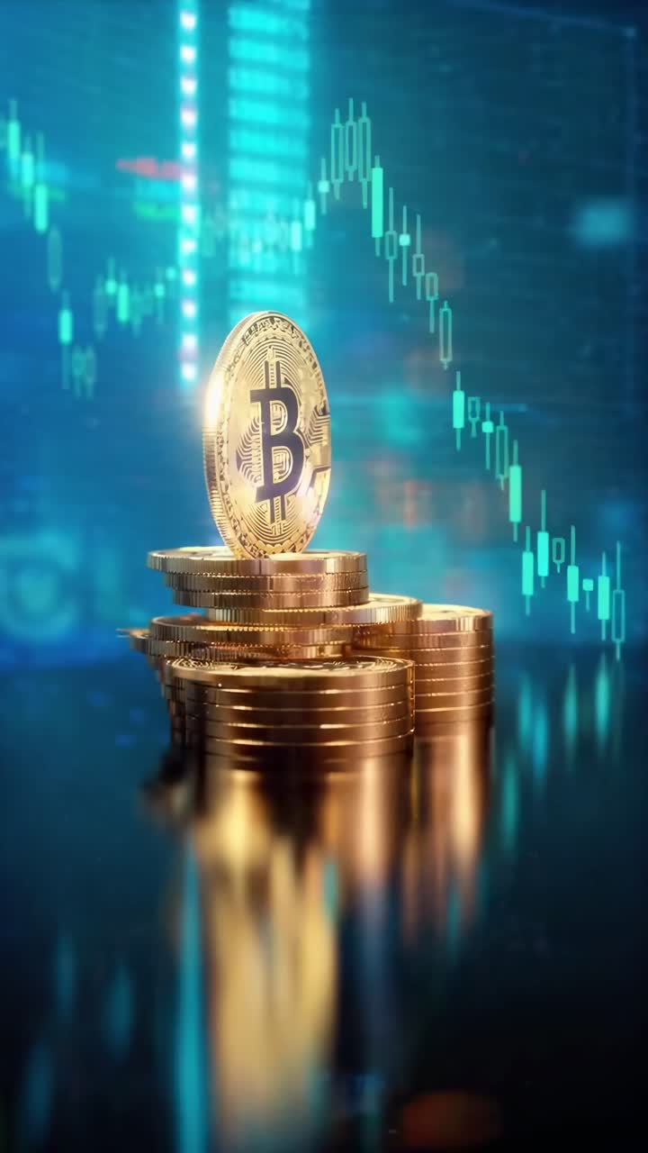 Video con inquadratura dal basso di bitcoin impilati con sfondo di mercato azionario digitale, evidenziando le criptovalute