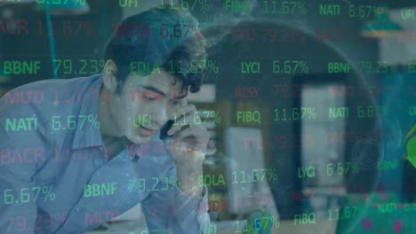 Animation-of-trading-board,-globe-and-connected-dots-on-asian-man-talking-on-cellphone-at-office