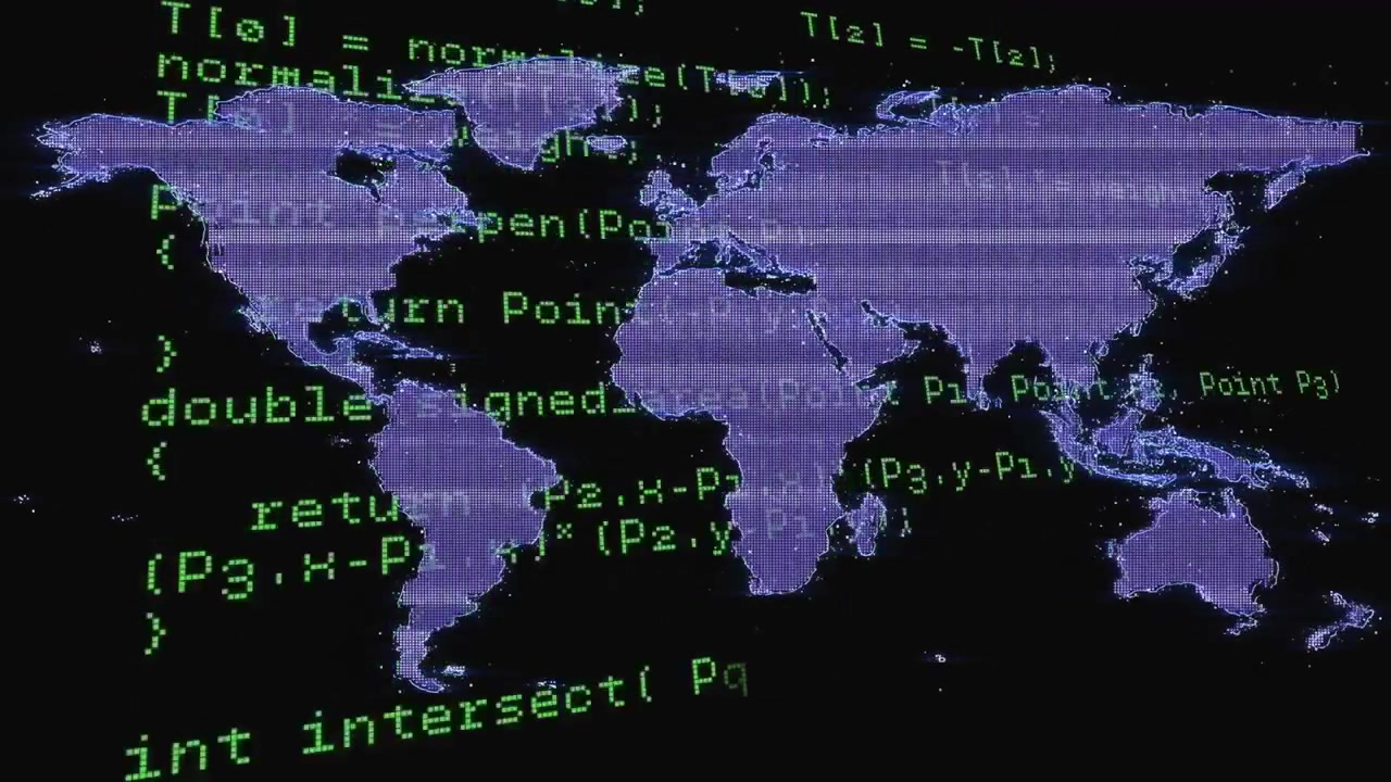 Opening purple-blue world map green code scrolling into dotted mesh showing cyber-geospatial link