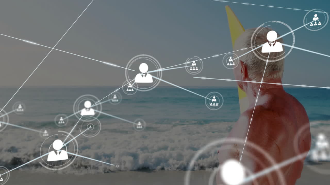 persona con tabla de surf en la playa, conexiones de red y animación de procesamiento de datos