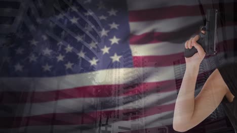 Animation-of-arm-of-woman-holding-pistol-over-american-flag-and-modern-buildings-in-city-street