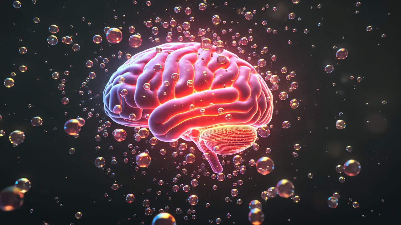 Starting neon brain pulsating and rotating in dark void with bubbles illustrating neural network