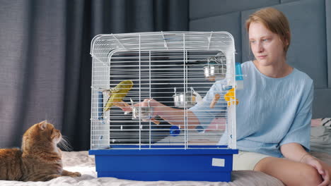 woman feeding birds in cage with cat watching