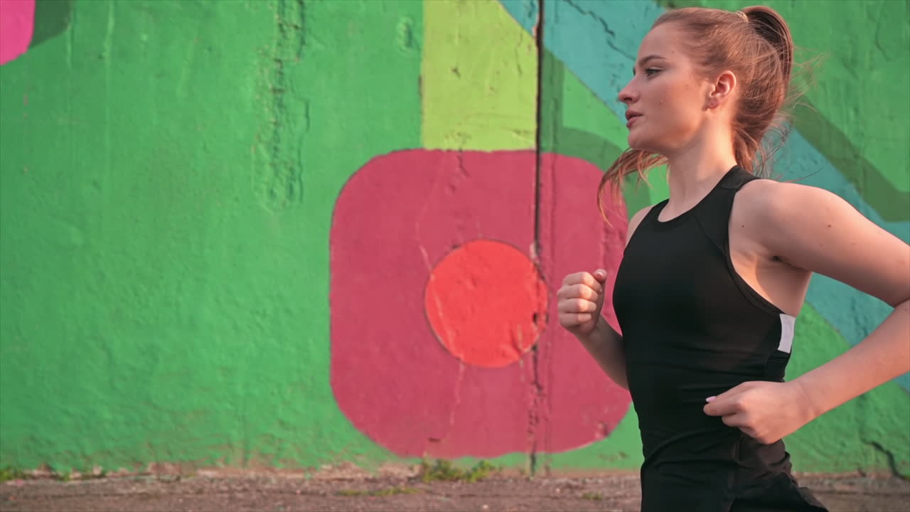 Young blonde woman in sportswear running on the road at outdoors training. Slow motion, sunset