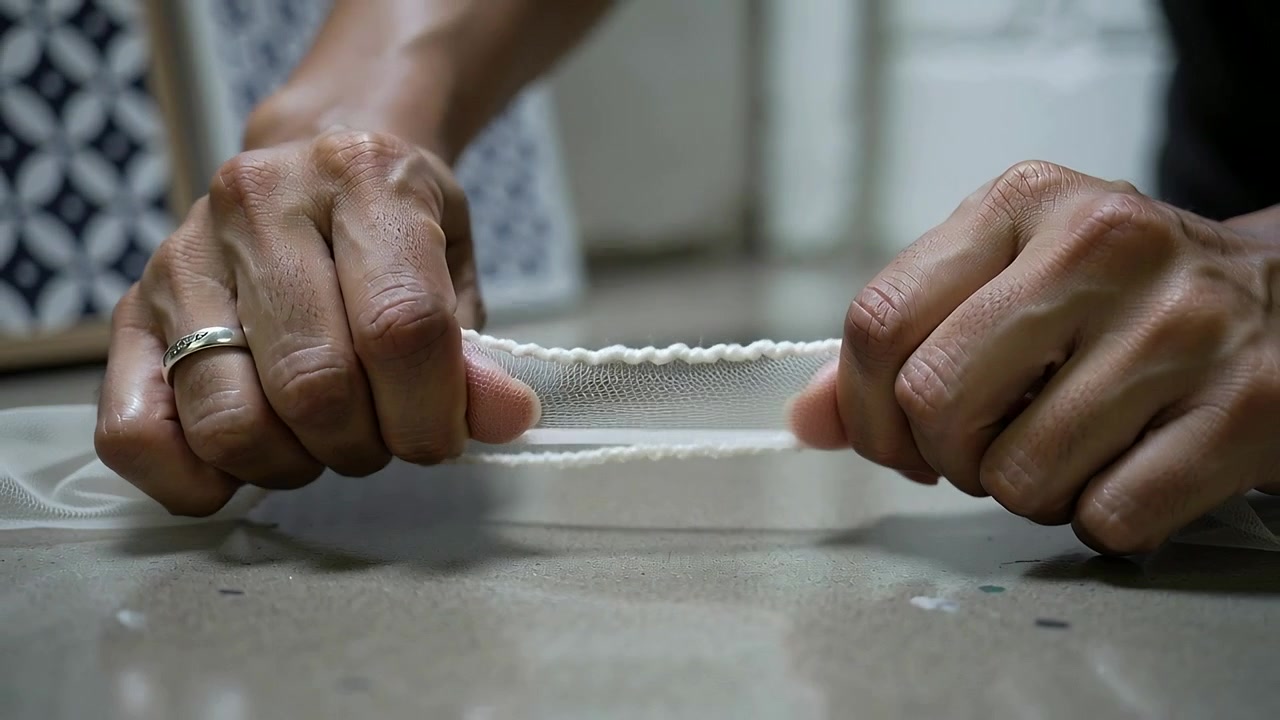 Pinching elastic and mesh, ringed hands smoothing, aligning seam on work counter, preparing to sew