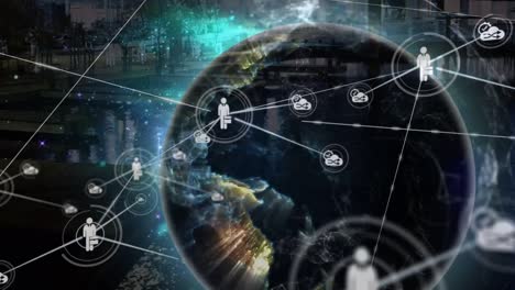 Animation of network of connections with people icons over globe