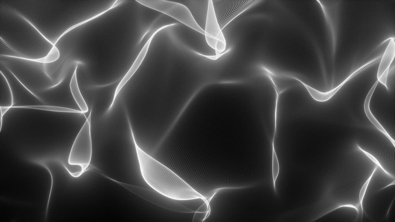 Luminous white lines form flowing caustic patterns, like light on water or silk fabric. Ideal for elegant or abstract backgrounds. Seamless loop