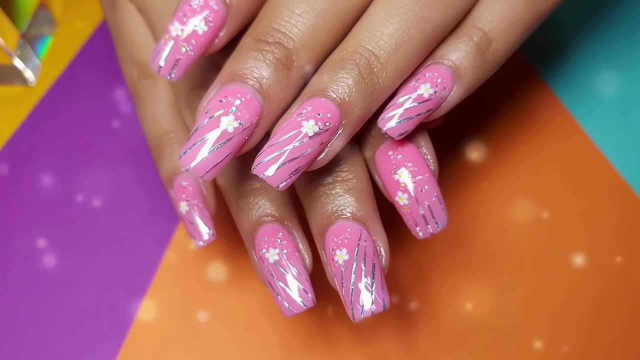 Close-up of Manicured Hands with Pink Floral Nail Art