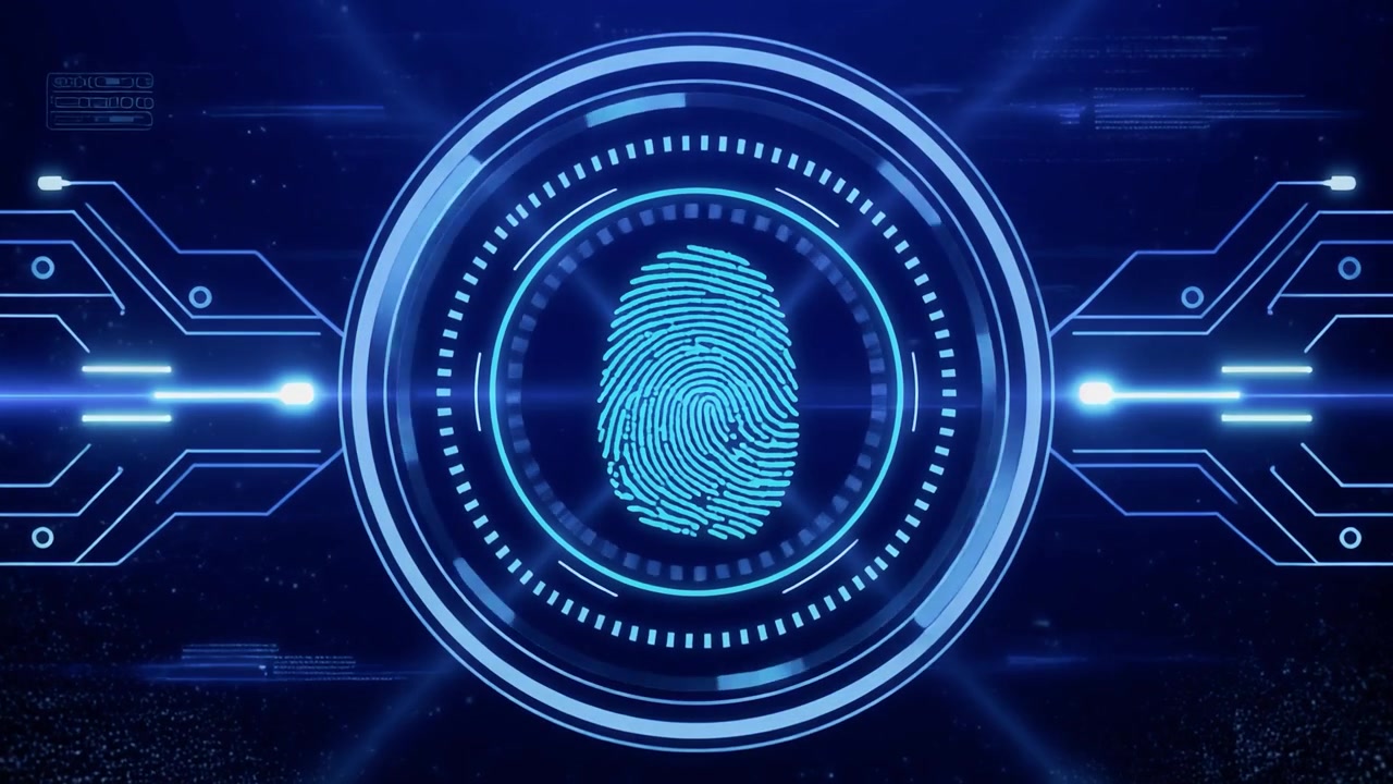 Digital Fingerprint Scanning Interface on Futuristic Blue Background