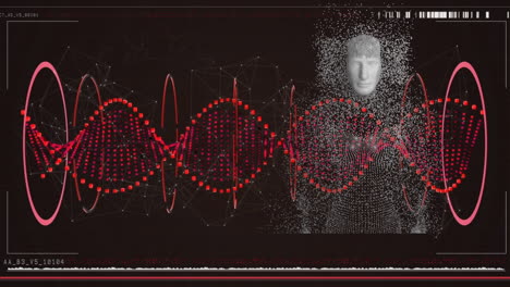 animación de cadena de adn y procesamiento de datos con cuerpo humano formado con partículas explosivas