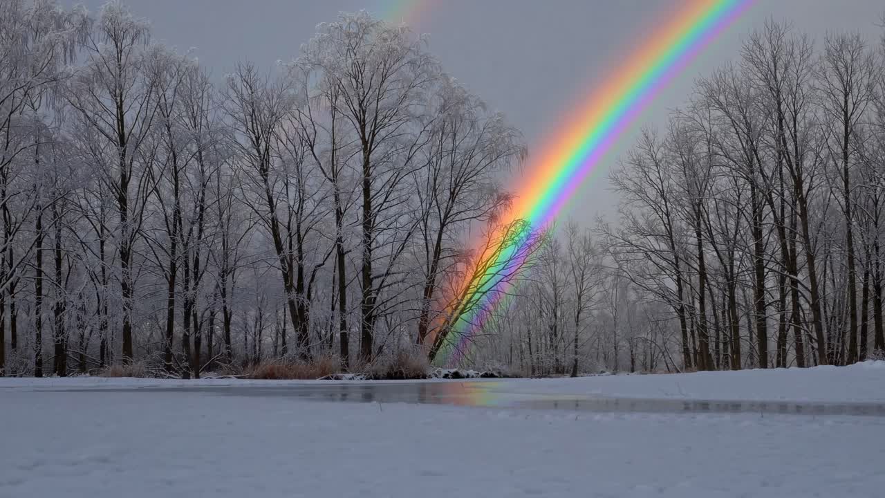 A serene winter landscape with a vibrant rainbow over snow-covered trees