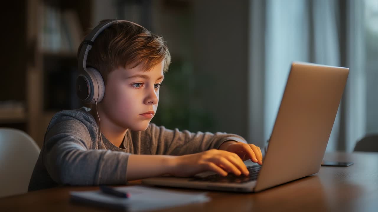Starting adolescent boy adjusting posture and typing essay on laptop at home study, with headphones