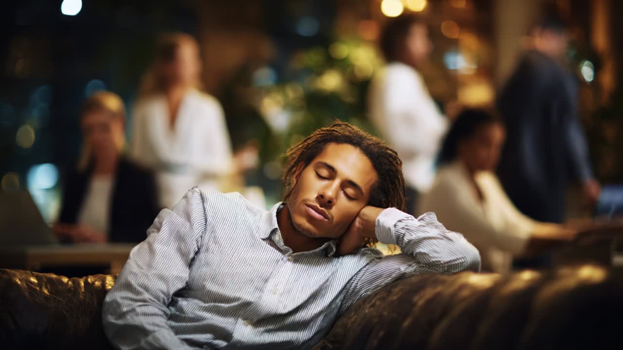 Una persona rilassata in un ambiente lounge moderno sembra godersi un momento di riposo in un'atmosfera vivace, piena di figure sfocate impegnate in conversazioni e attività in un ambiente sociale elegante