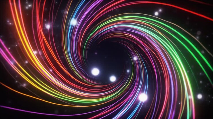 Dynamic Rainbow Light Trails Swirling in a Digital Tunnel