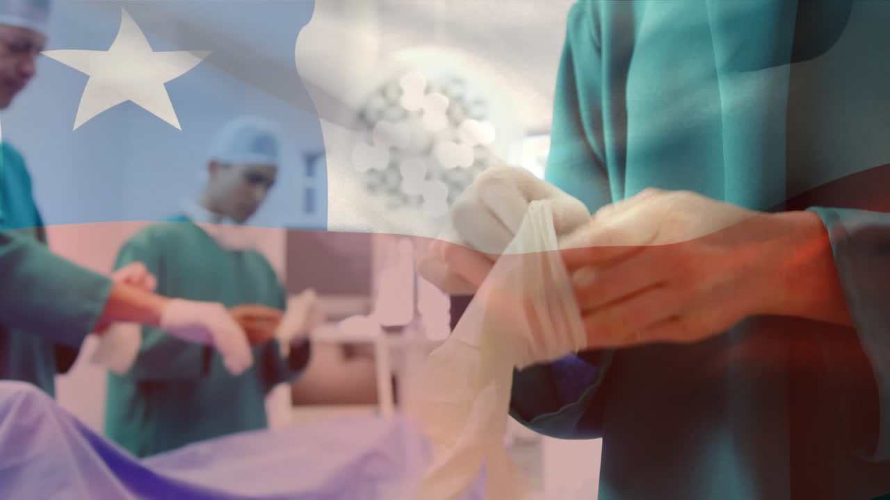 animación de la bandera de chile ondeando sobre los cirujanos en el quirófano