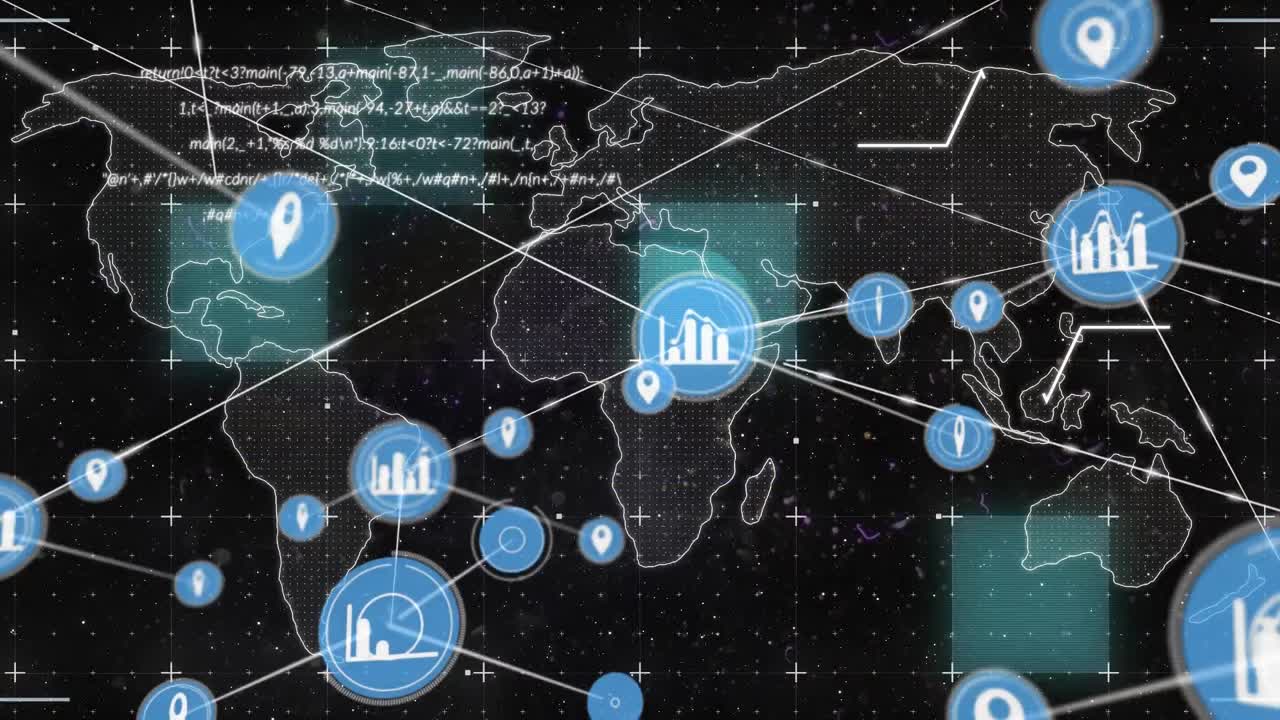 animación de la interfaz digital que muestra el mapa del mundo y la información con una red de iconos de medios