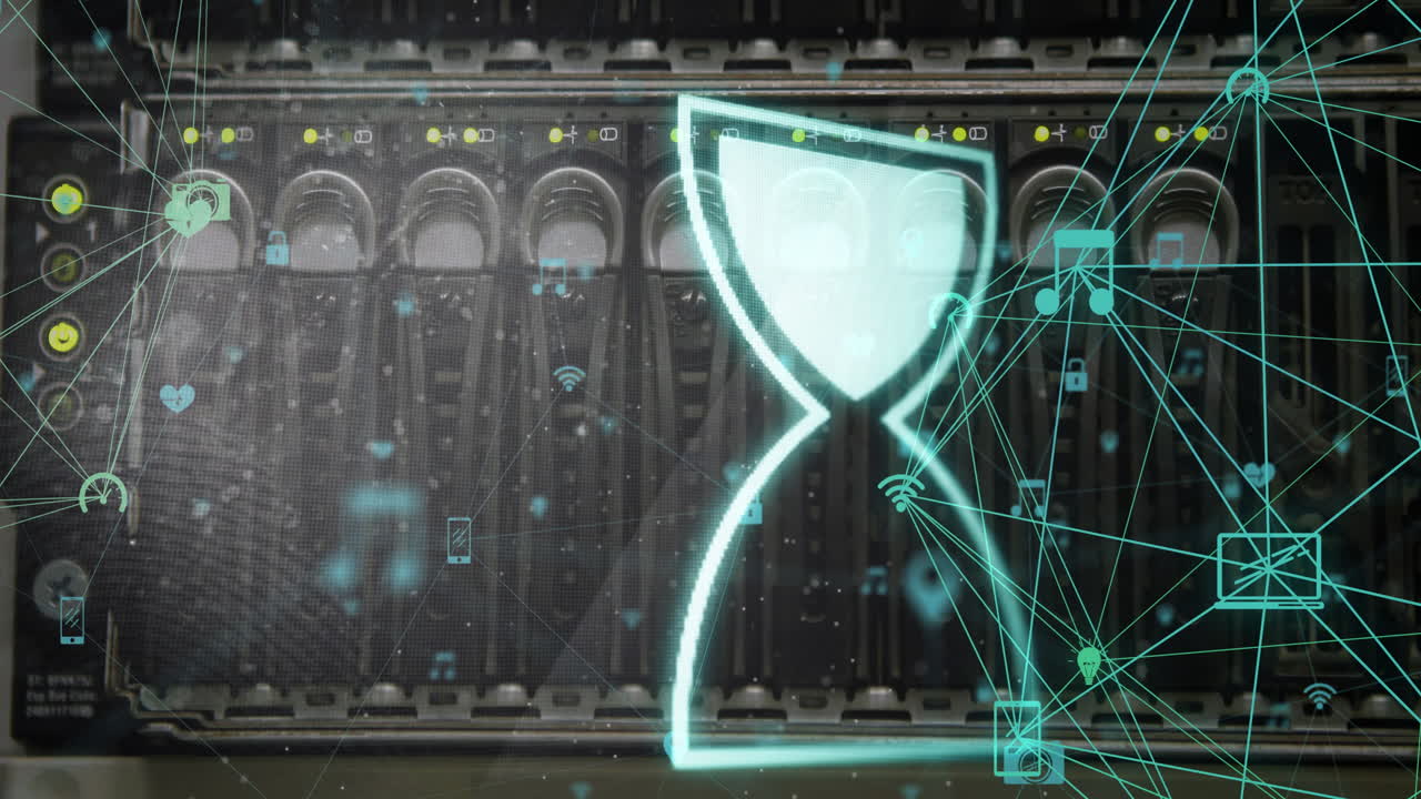 Animation of egg timer over network of connections and server room