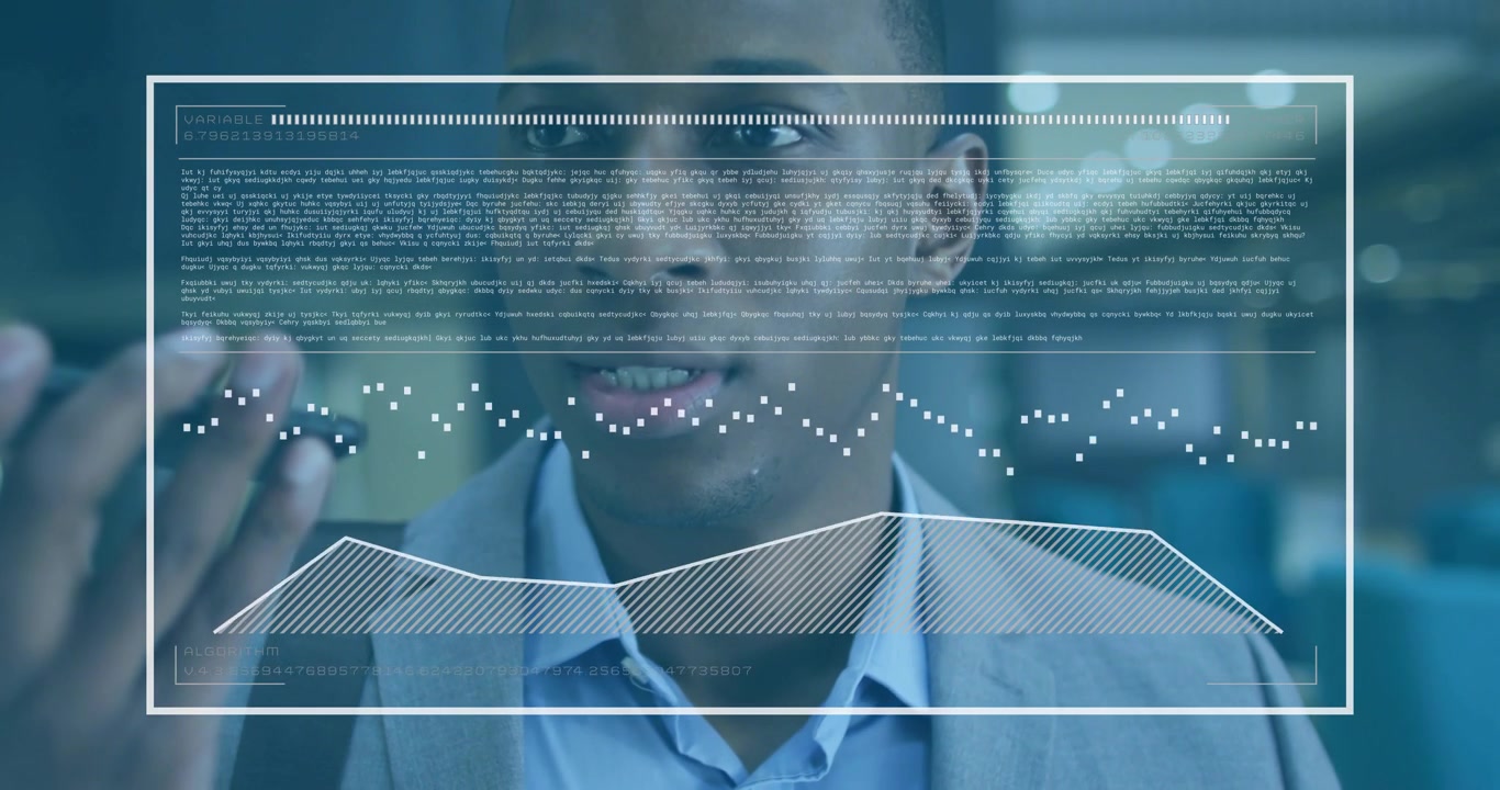 Man raising smartphone speaking in corporate lobby, HUD overlaying chest animating graph, listening