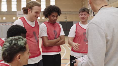 Basketball team discussing strategy with coach
