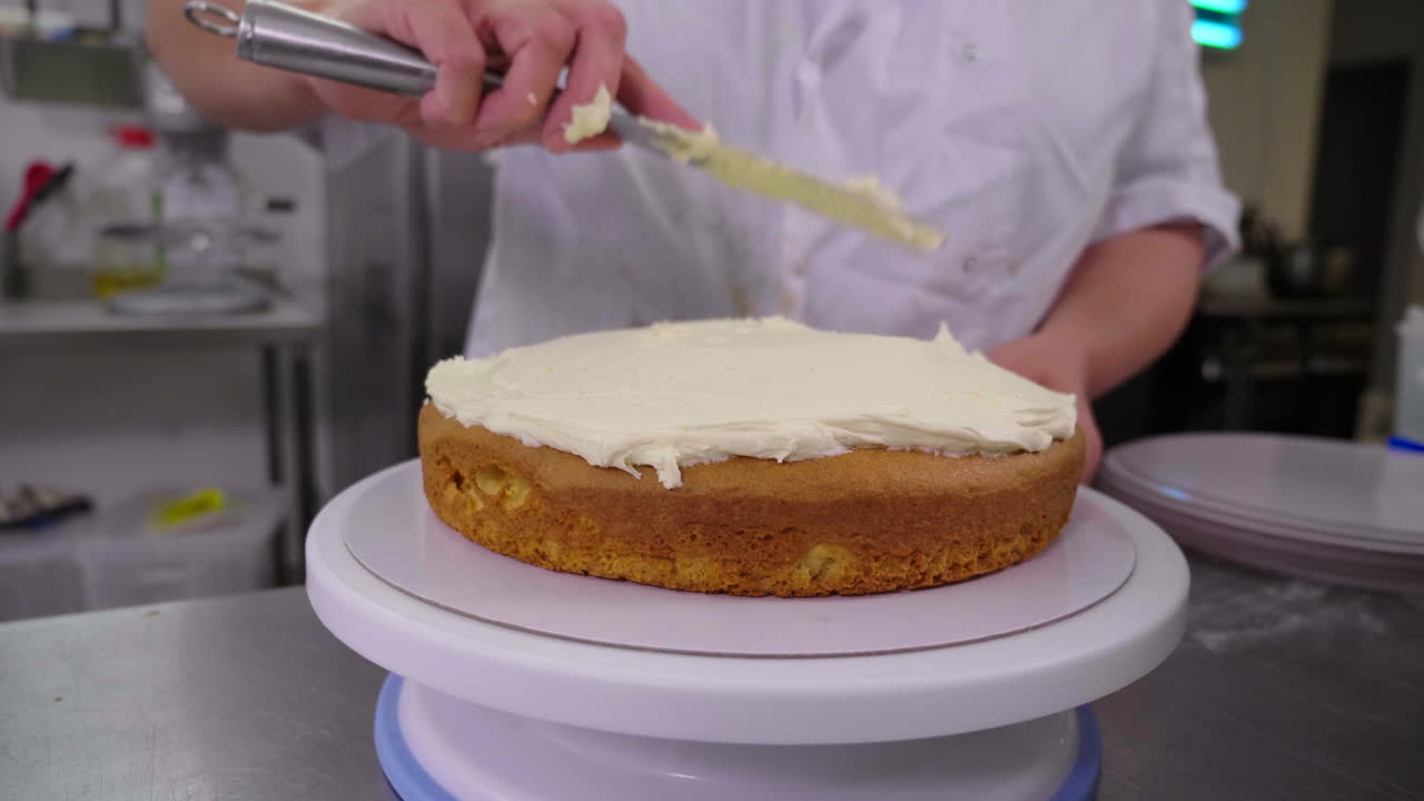 A female chef spreads buttercream icing on a sponge cake