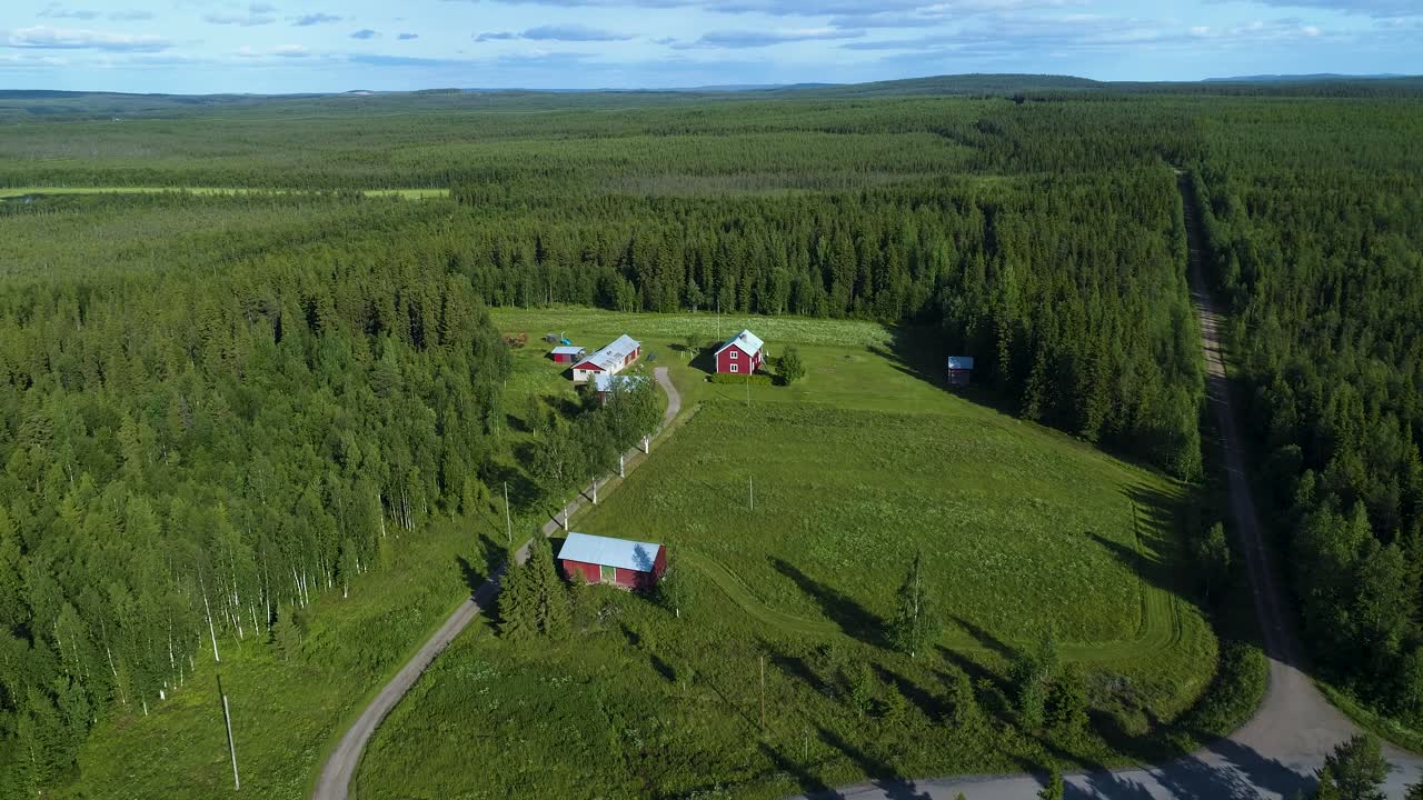 Ripresa con drone di una casa idilliaca circondata da una vasta foresta nella Svezia settentrionale