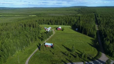 Drone-shot-of-a-idyllic-house-surrounded-by-a-vast-forest-in-northern-Sweden