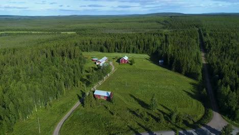 toma de drone de una casa idílica rodeada por un vasto bosque en el norte de suecia.