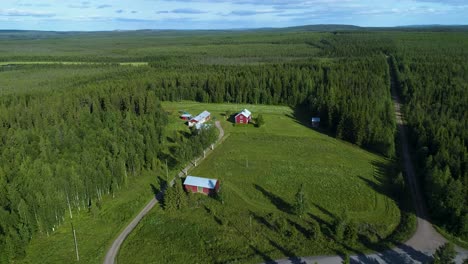 drone-shot of a idyllic house surrounded by a vast forest in northern sweden