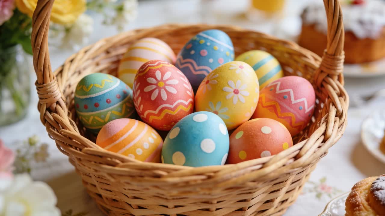 Gentle camera push-in bringing woven wicker basket closer on dining table highlighting painted eggs