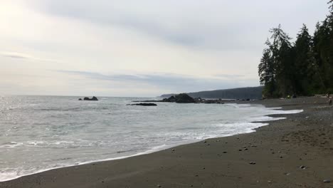 Handheld-of-sea-waves-hitting-the-sand-shore,-dense-woods-in-background-on-a-cloudy-day,-Sombrio-Beach,-British-Columbia,-Canada