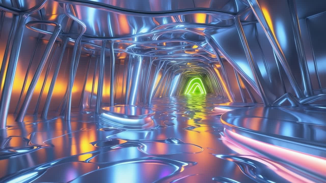 Abstract Metallic Tunnel with Glowing Green Portal