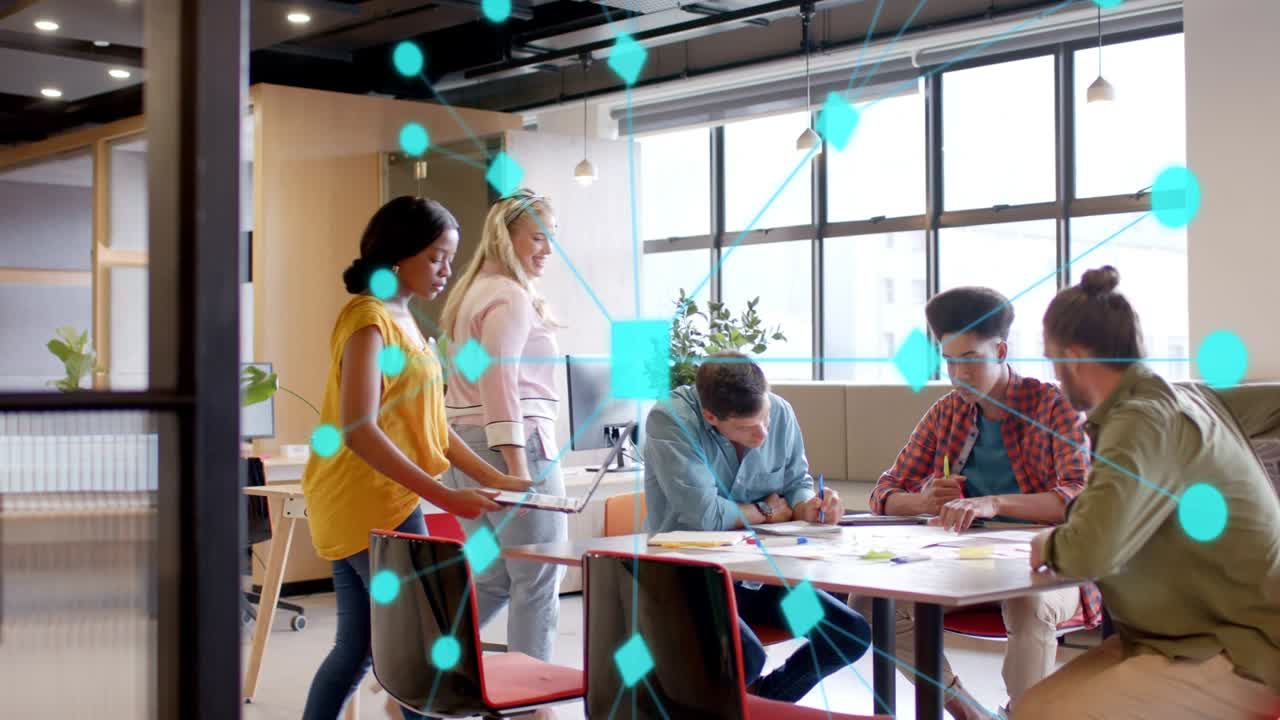 Business team entering with laptop sorting papers, aligning plans in office, teal nodes over table