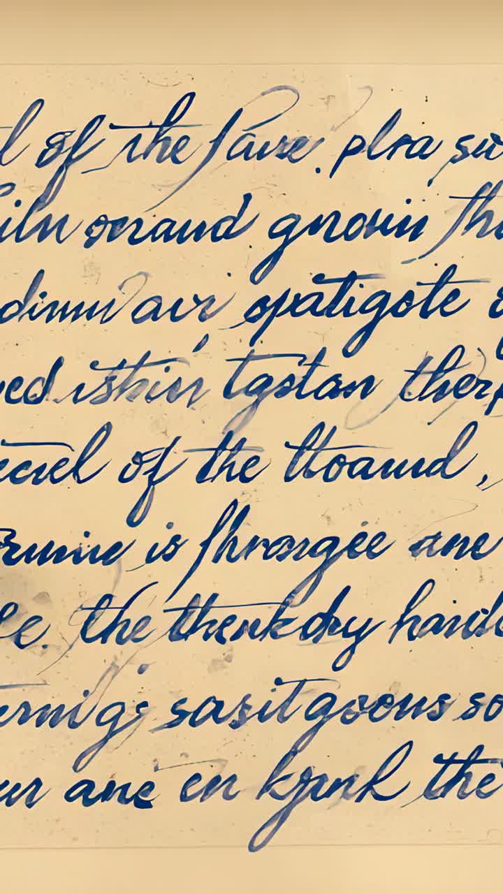 Vertical video: Panning camera across aged paper on tabletop, revealing blue cursive and ink stains